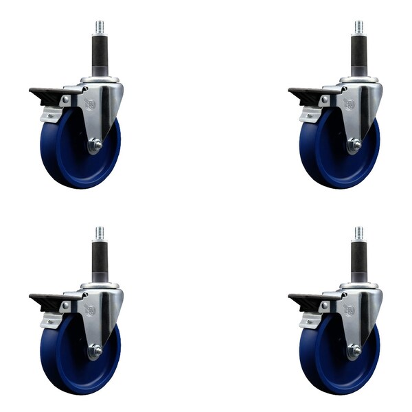 5'' Solid Poly Swivel 1'' Expanding Stem Caster Set with Brake, 4PK